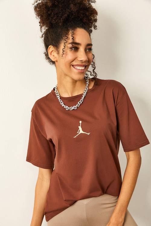 Kahverengi Önü Baskılı Oversize Basic Tişört 2YXK1-46119-18 - 5