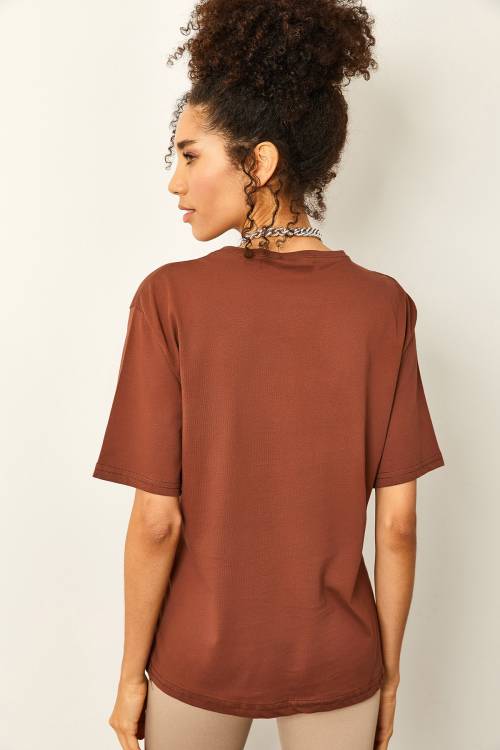 Kahverengi Önü Baskılı Oversize Basic Tişört 2YXK1-46119-18 - 6