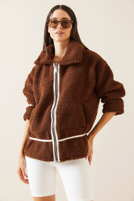 Kahverengi Polo Yaka Fermuarlı Peluş Ceket 5KXK4-48957-18 - 3