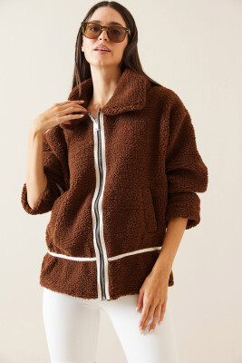 Kahverengi Polo Yaka Fermuarlı Peluş Ceket 5KXK4-48957-18 - 4