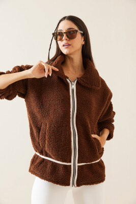 Kahverengi Polo Yaka Fermuarlı Peluş Ceket 5KXK4-48957-18 - 6