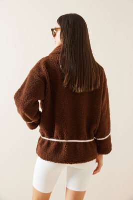 Kahverengi Polo Yaka Fermuarlı Peluş Ceket 5KXK4-48957-18 - 7