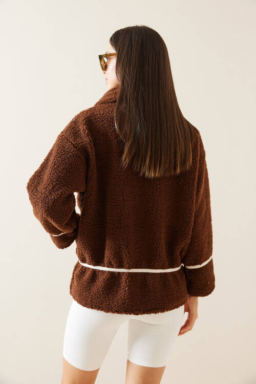 Kahverengi Polo Yaka Fermuarlı Peluş Ceket 5KXK4-48957-18 - 7