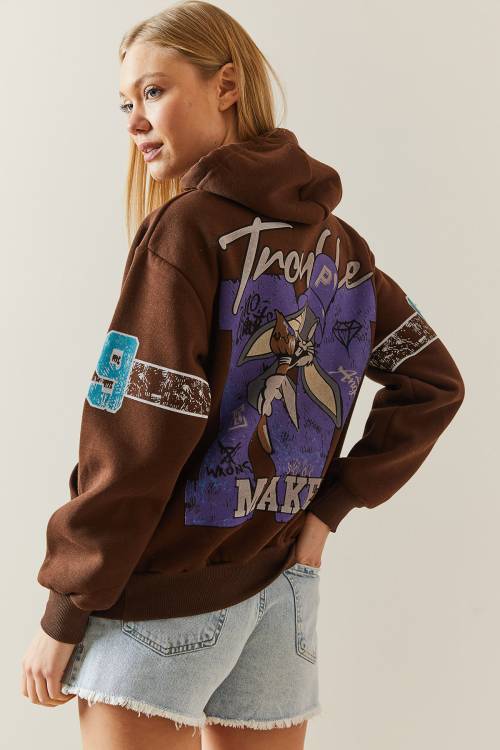 Kahverengi Şardonlu & Arkası Baskılı Kapüşonlü Sweatshirt 4KXK8-47835-18 - 6
