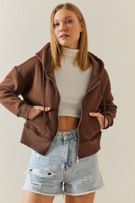XHAN - Kahverengi Şardonlu Fermuarlı & Kapüşonlü Sweatshirt 4KXK8-47837-18