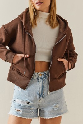 Kahverengi Şardonlu Fermuarlı & Kapüşonlü Sweatshirt 4KXK8-47837-18 