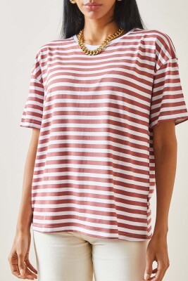 Kiremit Çizgili Oversize Basic Tişört 5YXK1-48262-16 