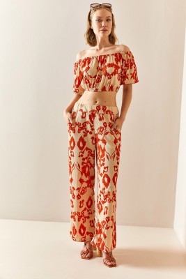 XHAN - Kiremit Desenli & Dokulu Crop İkili Takım 3YXK8-47340-16