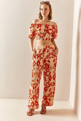 Kiremit Desenli & Dokulu Crop İkili Takım 3YXK8-47340-16 - 2