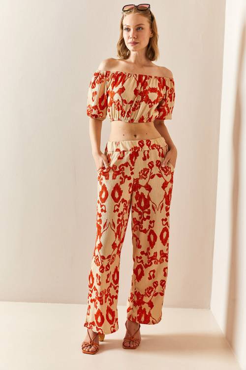 Kiremit Desenli & Dokulu Crop İkili Takım 3YXK8-47340-16 - 2