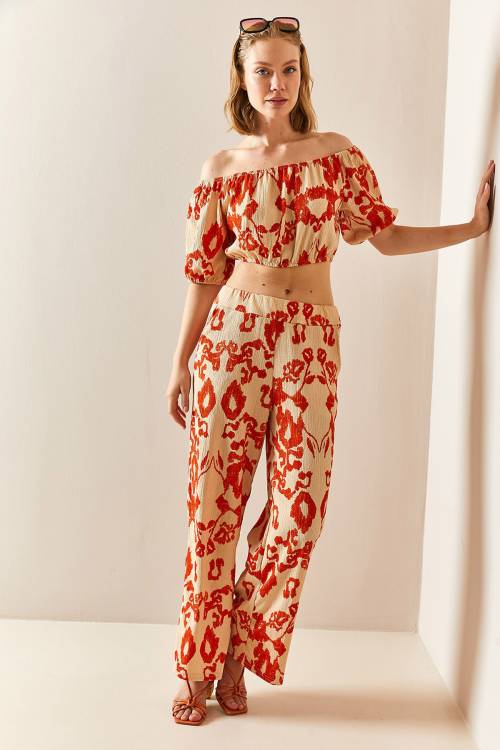 Kiremit Desenli & Dokulu Crop İkili Takım 3YXK8-47340-16 - 3