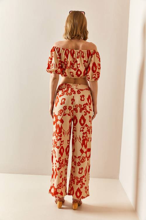 Kiremit Desenli & Dokulu Crop İkili Takım 3YXK8-47340-16 - 4