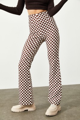 Kiremit Geometrik Desenli Çok Renkli Yüksek Bel İspanyol Paça Pantolon 2KXK5-45734-16 
