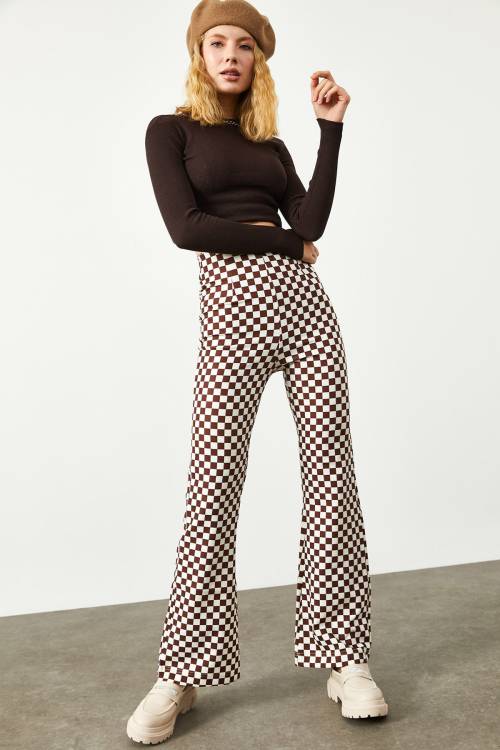 Kiremit Geometrik Desenli Çok Renkli Yüksek Bel İspanyol Paça Pantolon 2KXK5-45734-16 - 2