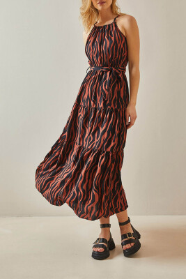 Kiremit Halter Yaka Desenli Maxi Elbise 5YXK6-47989-16 