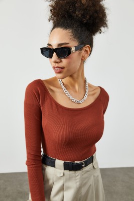 XHAN - Kiremit Kayık Yaka Crop Kaşkorse Bluz 2KXK2-45817-16
