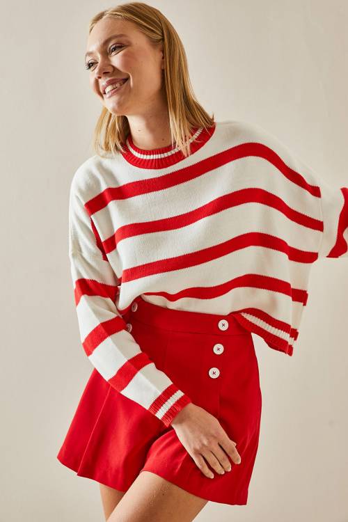 Kırmızı Bisiklet Yaka Çizgili Crop Kazak 4KXK3-47589-04 - 2