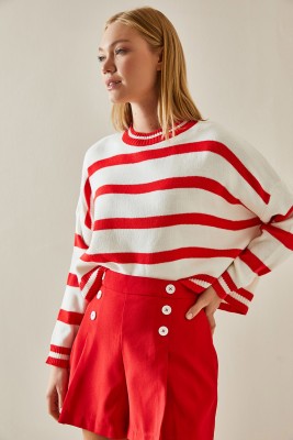 Kırmızı Bisiklet Yaka Çizgili Crop Kazak 4KXK3-47589-04 - 4