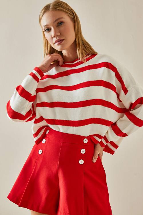 Kırmızı Bisiklet Yaka Çizgili Crop Kazak 4KXK3-47589-04 - 5