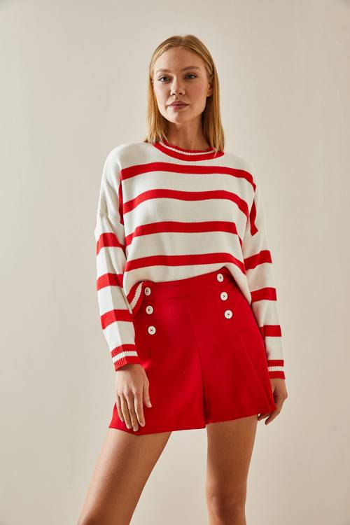 Kırmızı Bisiklet Yaka Çizgili Crop Kazak 4KXK3-47589-04 - 6