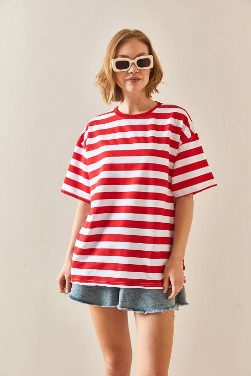 Kırmızı Bisiklet Yaka Çizgili Oversize Tişört 3YXK1-47086-04 - 6