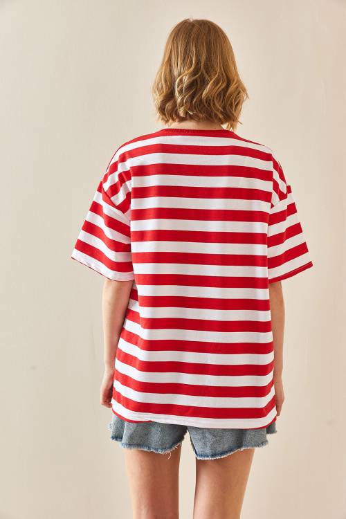 Kırmızı Bisiklet Yaka Çizgili Oversize Tişört 3YXK1-47086-04 - 7