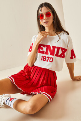 Kırmızı Bisiklet Yaka Yazılı Oversize Tişört 5YXK1-48384-04 - 2