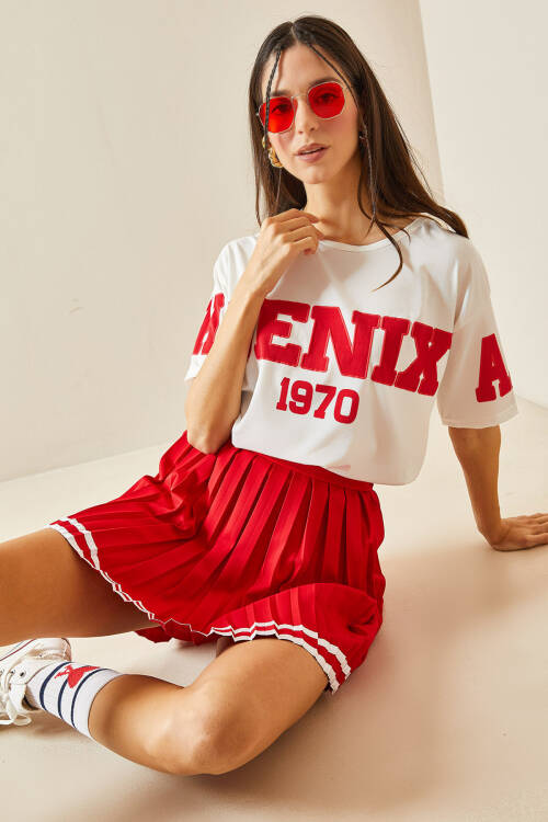 Kırmızı Bisiklet Yaka Yazılı Oversize Tişört 5YXK1-48384-04 - 2