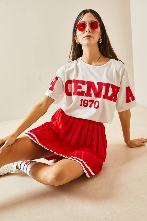 Kırmızı Bisiklet Yaka Yazılı Oversize Tişört 5YXK1-48384-04 - 4