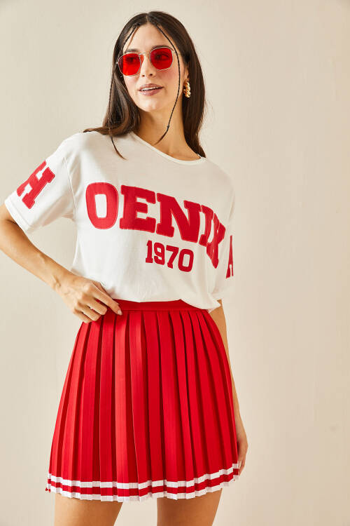 Kırmızı Bisiklet Yaka Yazılı Oversize Tişört 5YXK1-48384-04 - 5