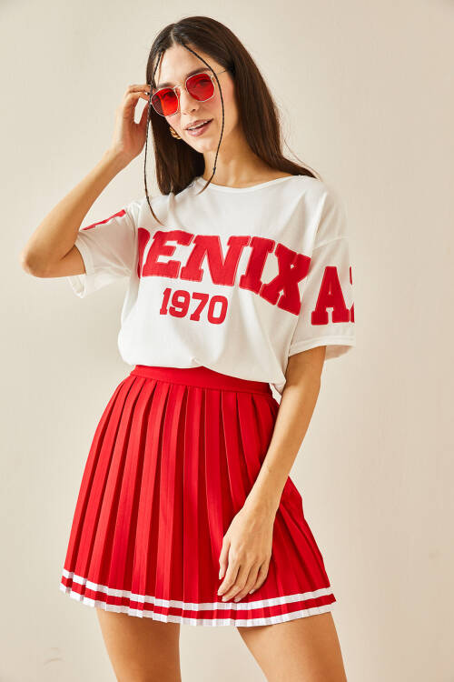 Kırmızı Bisiklet Yaka Yazılı Oversize Tişört 5YXK1-48384-04 - 6