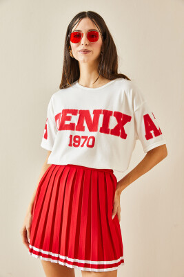 Kırmızı Bisiklet Yaka Yazılı Oversize Tişört 5YXK1-48384-04 - 7
