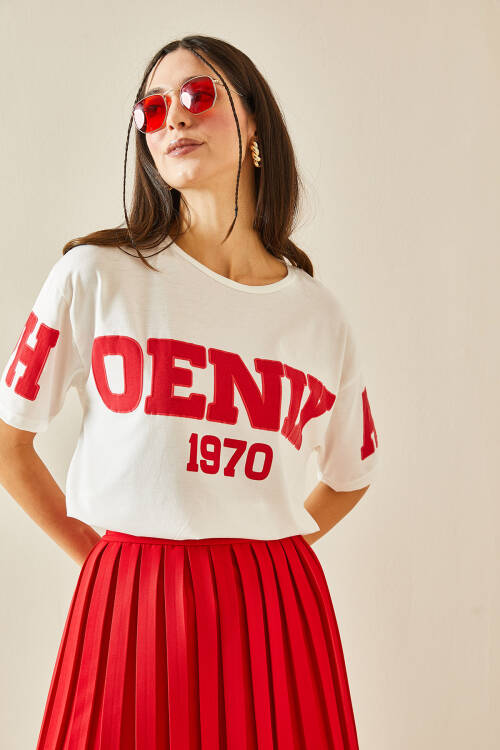 Kırmızı Bisiklet Yaka Yazılı Oversize Tişört 5YXK1-48384-04 - 8