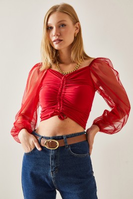 Kırmızı Büzgülü Transparan Kollu Bluz 4KXK2-47653-04 - 3
