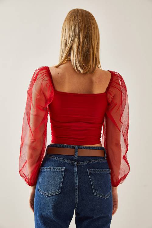 Kırmızı Büzgülü Transparan Kollu Bluz 4KXK2-47653-04 - 8