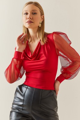 XHAN - Kırmızı Degaje Yaka Kolları Tüllü Bluz 4KXK2-47808-04