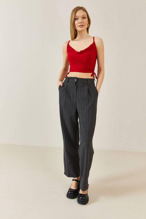 Kırmızı Degaje Yaka Yanı Büzgülü Crop Bluz 3YXK2-46885-04 - 2