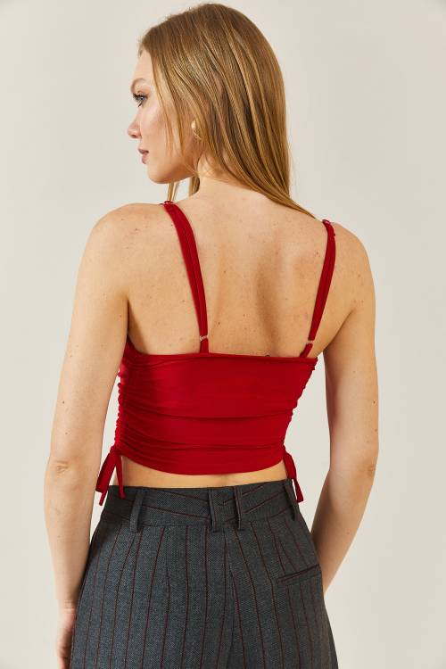 Kırmızı Degaje Yaka Yanı Büzgülü Crop Bluz 3YXK2-46885-04 - 4