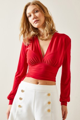Kırmızı Drape Detaylı Dekolteli Bluz 4KXK2-47693-04 - 4