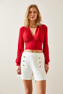 Kırmızı Drape Detaylı Dekolteli Bluz 4KXK2-47693-04 - 6