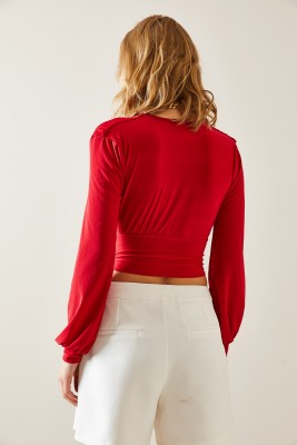 Kırmızı Drape Detaylı Dekolteli Bluz 4KXK2-47693-04 - 7