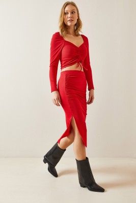 Kırmızı Drape Detaylı Yırtmaçlı Kaşkorse Etek 4KXK7-47726-04 - 4
