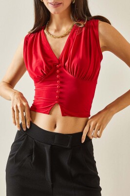 Kırmızı Düğmeli & Drapeli Bluz 5YXK2-48573-04 