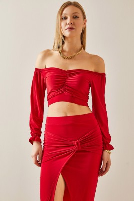 Kırmızı Düşük Omuz Büzgülü Crop Bluz 4KXK2-47782-04 - 3