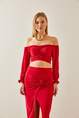 Kırmızı Düşük Omuz Büzgülü Crop Bluz 4KXK2-47782-04 - 4