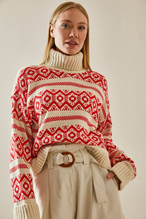 Kırmızı Etnik Desenli Boğazlı Crop Kazak 4KXK3-47590-04 - 3