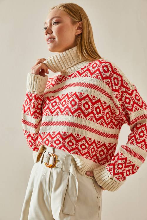 Kırmızı Etnik Desenli Boğazlı Crop Kazak 4KXK3-47590-04 - 4