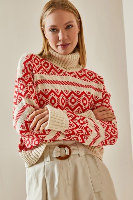 Kırmızı Etnik Desenli Boğazlı Crop Kazak 4KXK3-47590-04 - 5