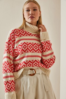 Kırmızı Etnik Desenli Boğazlı Crop Kazak 4KXK3-47590-04 - 7