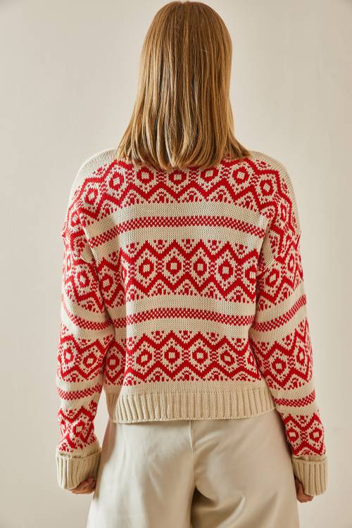 Kırmızı Etnik Desenli Boğazlı Crop Kazak 4KXK3-47590-04 - 8